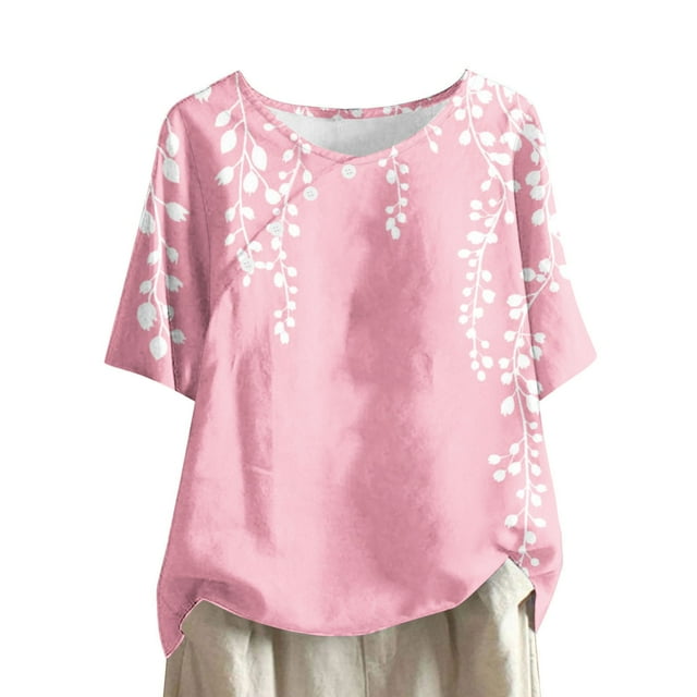 Tops de Lino para Mujeres Imprimir Suéter Cuello Redondo Manga Corta Superior Poliéster, Blusa de Moda Casual para la Primavera Y el Verano