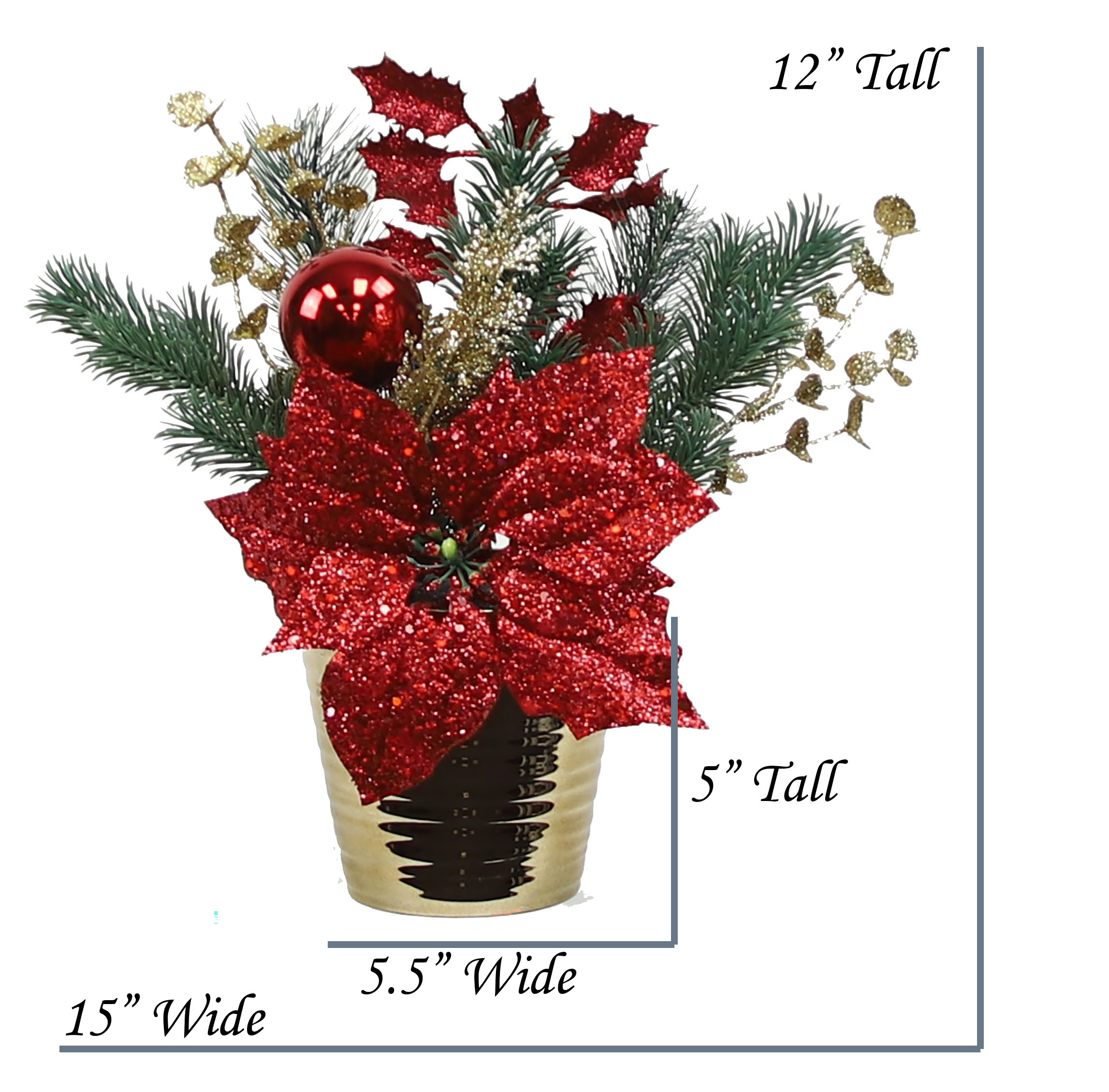 The Mod Greenhouse 14" Red Sequined Artificial Poinsettia Table Top Arrangement in Gold Metallic Glass Container