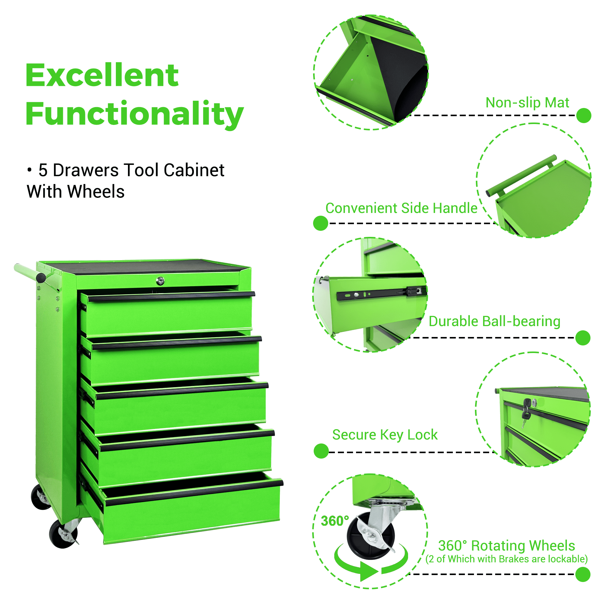 Rolling Metal Tool Chest,20 Inch 5-Drawer Tool Storage Cabinet with Lockable Casters & Steel Top Work Surface, Removable Tool Box, Mobile Tool Cart Organizer for Garage Workshop,Green