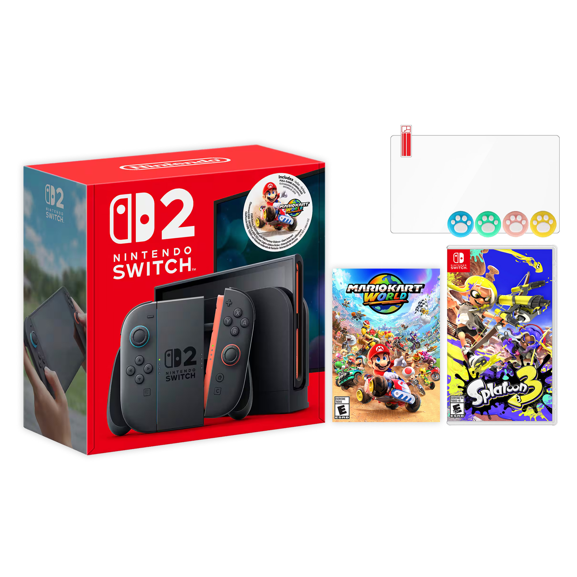 Nintendo Switch 2 Mario Kart World Bundle 256GB 7.9-Inch 1080P Screen, Joy-Con 2 with Mouse Sensor, Dock, with Splatoon 3 And Mytrix Joystick Caps & Screen Protector