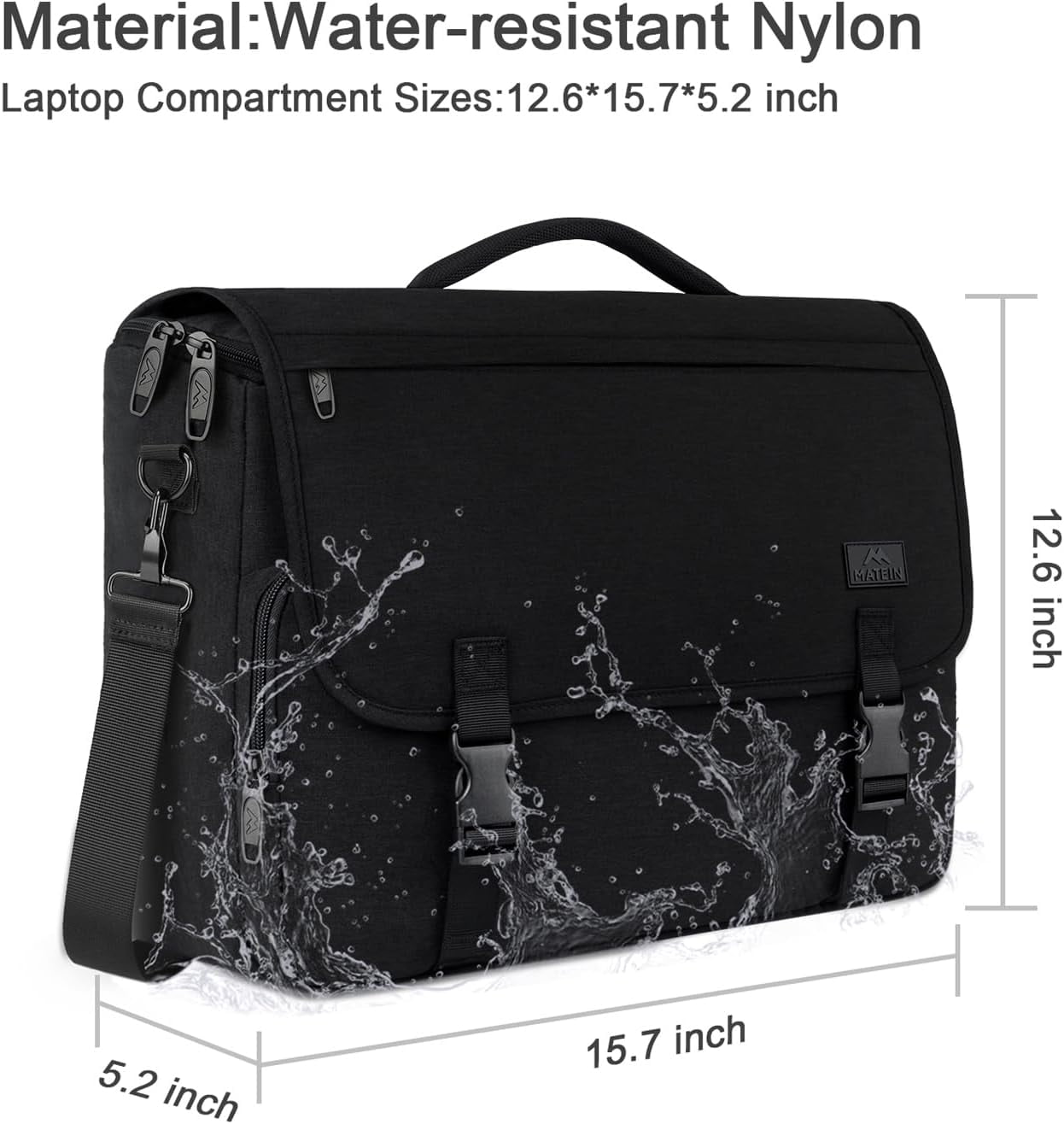 Matein Messenger Bag for Men, 15.6'' Water-Resistant Laptop Briefcase Bag with Shoulder Strap, Black