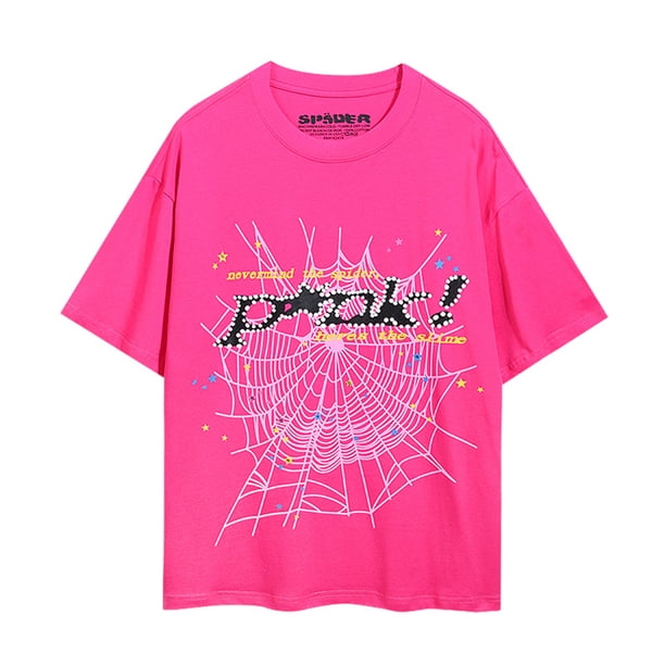Sp5der cantante de hip-hop Young Thug mismo estilo letras de espuma 555555 pareja camiseta rosa de manga corta6007 # rosa