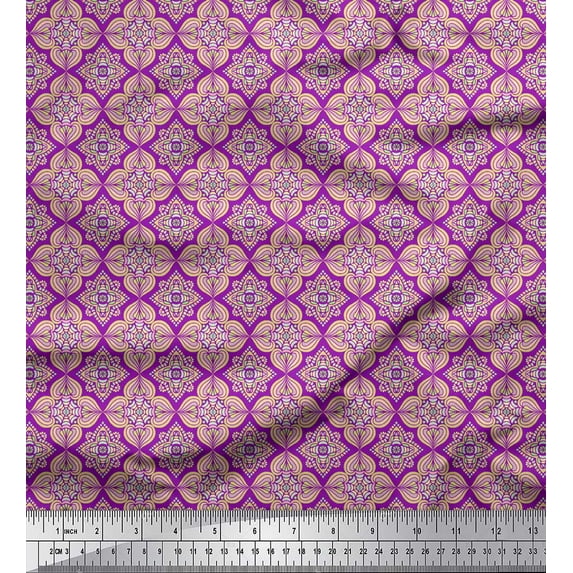 Soimoi Purple Japan Crepe Satin Fabric Filigree Damask Decor Fabric Printed Yard 42 Inch Wide