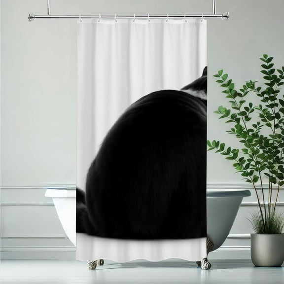 RKSupls Waterproof Shower Curtain, Black White Cat Back View Minimalist Polyester Shower Curtain with Hooks for Chic Elegant Home Bathtub Bathroom Decor Washable Curtains