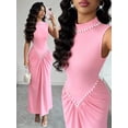 thumbnail image 5 of Pink Semi-High Neck Sleeveless Knitted Pleated Maxi Dress With Pearl Embellishment, Elegant Evening Gown, 5 of 8