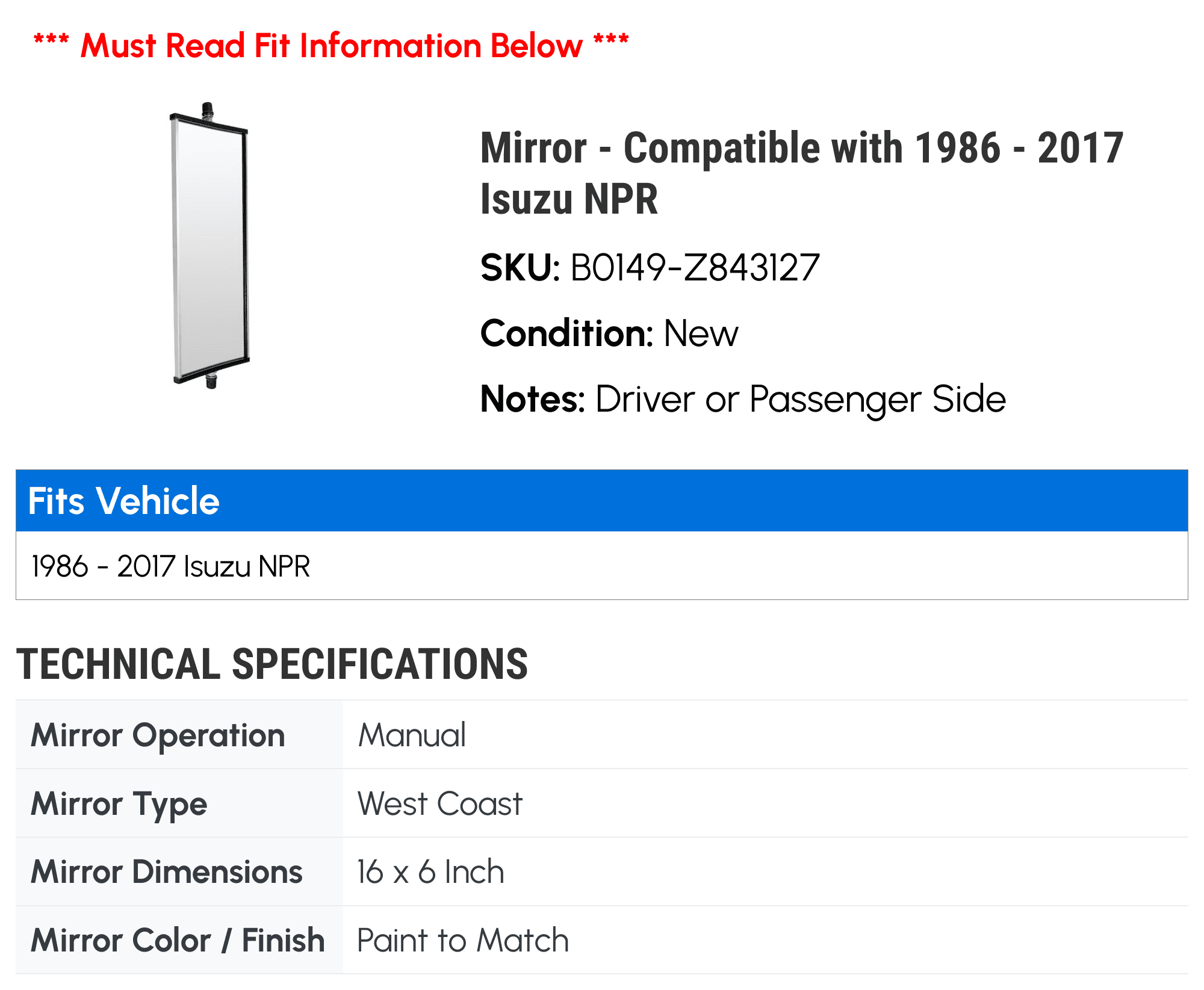Mirror - Compatible with 1986 - 2017 Isuzu NPR 1987 1988 1989 1990 1991 1992 1993 1994 1995 1996 1997 1998 1999 2000 2001 2002 2003 2004 2005 2006 2007 2008 2009 2010 2011 2012 2013 2014 2015