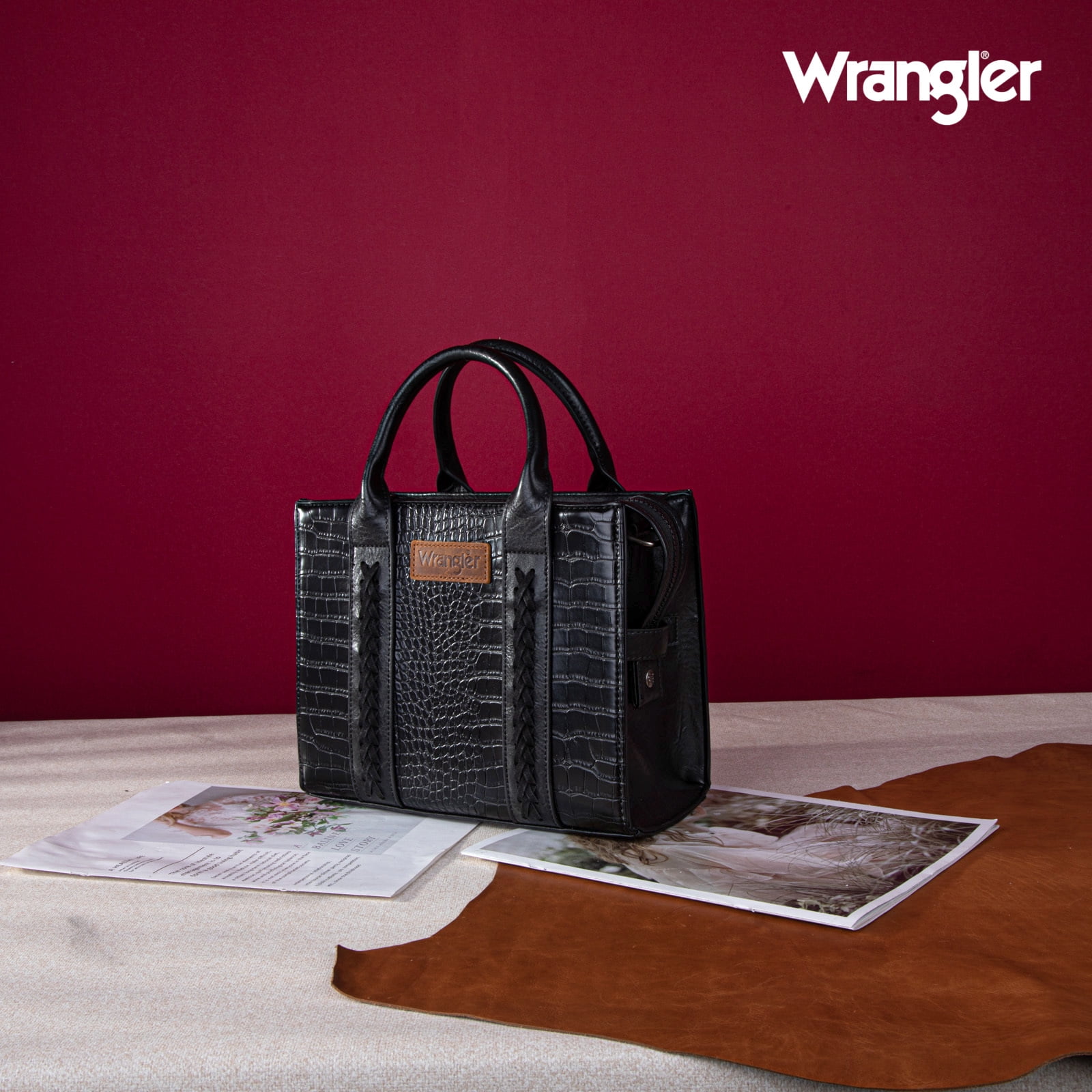Wrangler Medium Tote Bag for Women Designer Satchel Handbags Top-handle Purses with Strap, Crocodile-Black