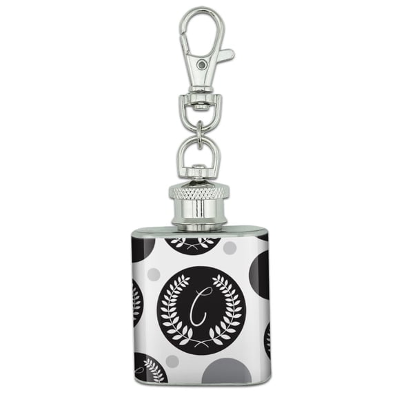 Letter C Monogram Olive Leaves Wreath Calligraphy Stainless Steel 1oz Mini Flask Key Chain