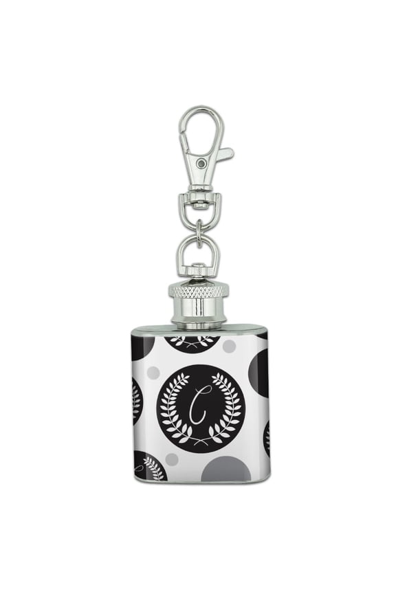 Letter C Monogram Olive Leaves Wreath Calligraphy Stainless Steel 1oz Mini Flask Key Chain