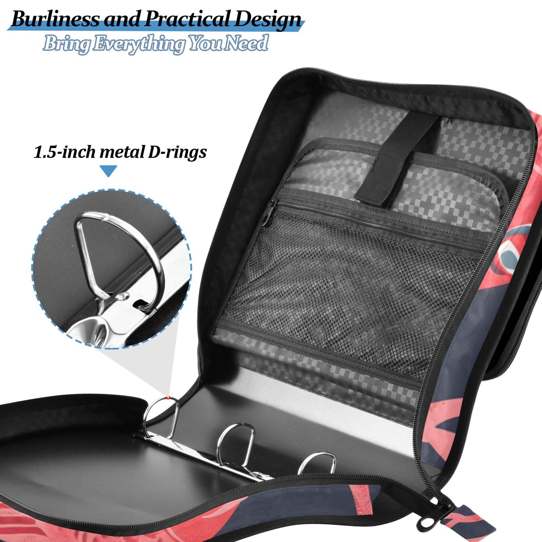 3 Ring Zipper Binder with Shoulder Strap Waterproof Trapper Keeper 2 Inch D-Ring 500 Sheets Capacity Fishes and Coral