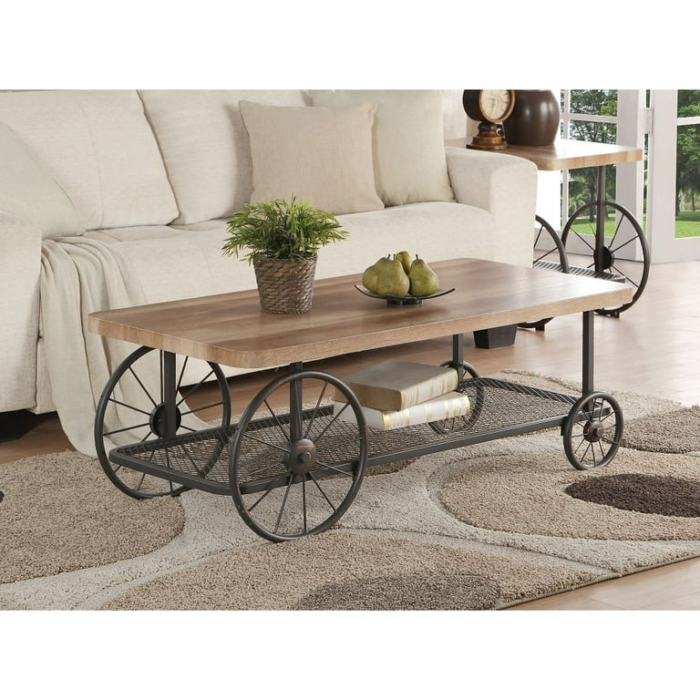 Rectangular Oak Finish Coffee Table With Metal Mesh Bottom Shelf Rectangular Oak Finish Coffee Table With Metal Mesh Bottom Shelf
