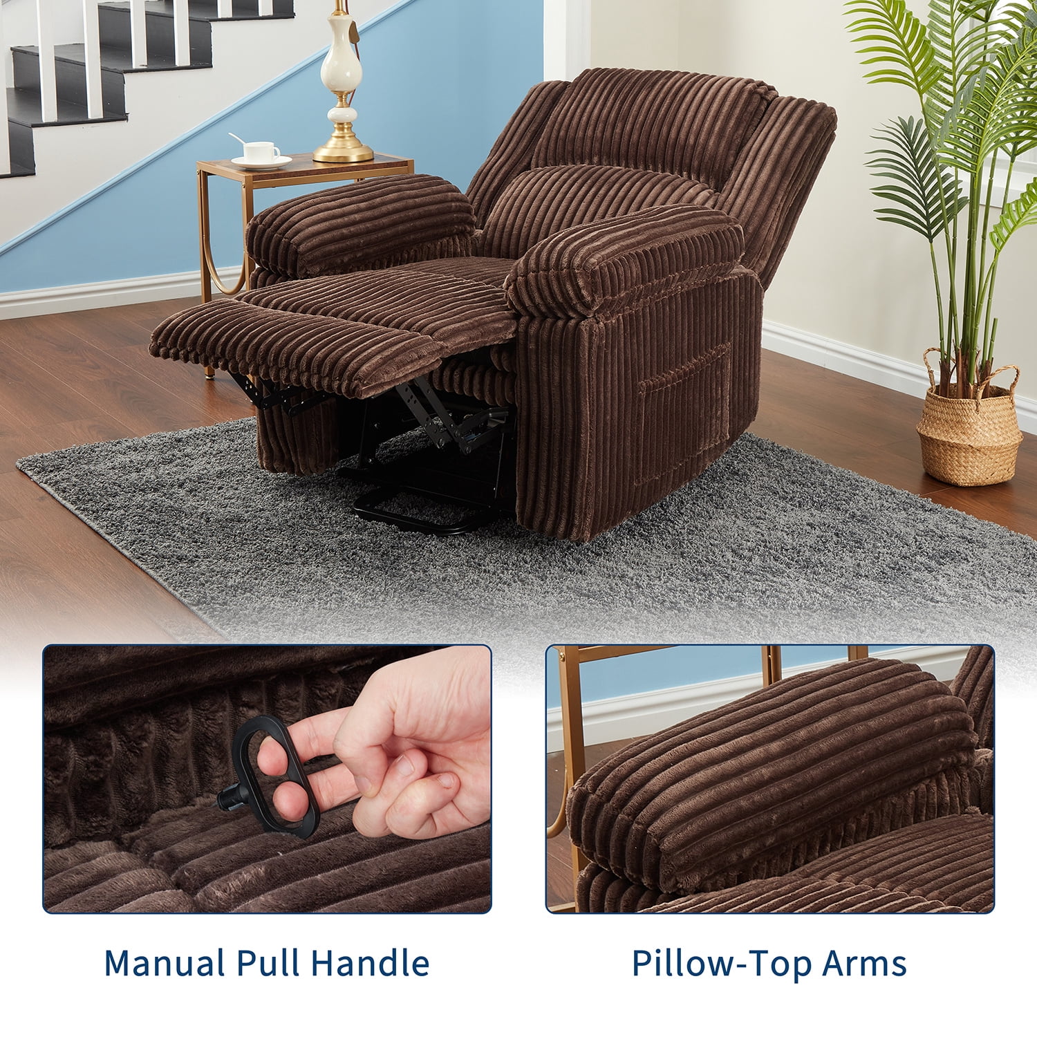 Tzou Adult Polyester Solid Color Stripes Living Room Stain Resistant Recliners with Arm Pads, Brown