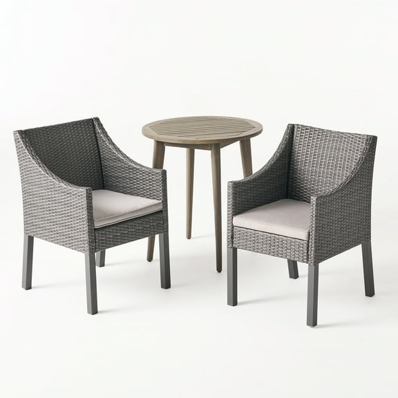 Everest Outdoor 3 Piece Acacia Wood and Wicker Bistro Set, Light Gray and Gray
