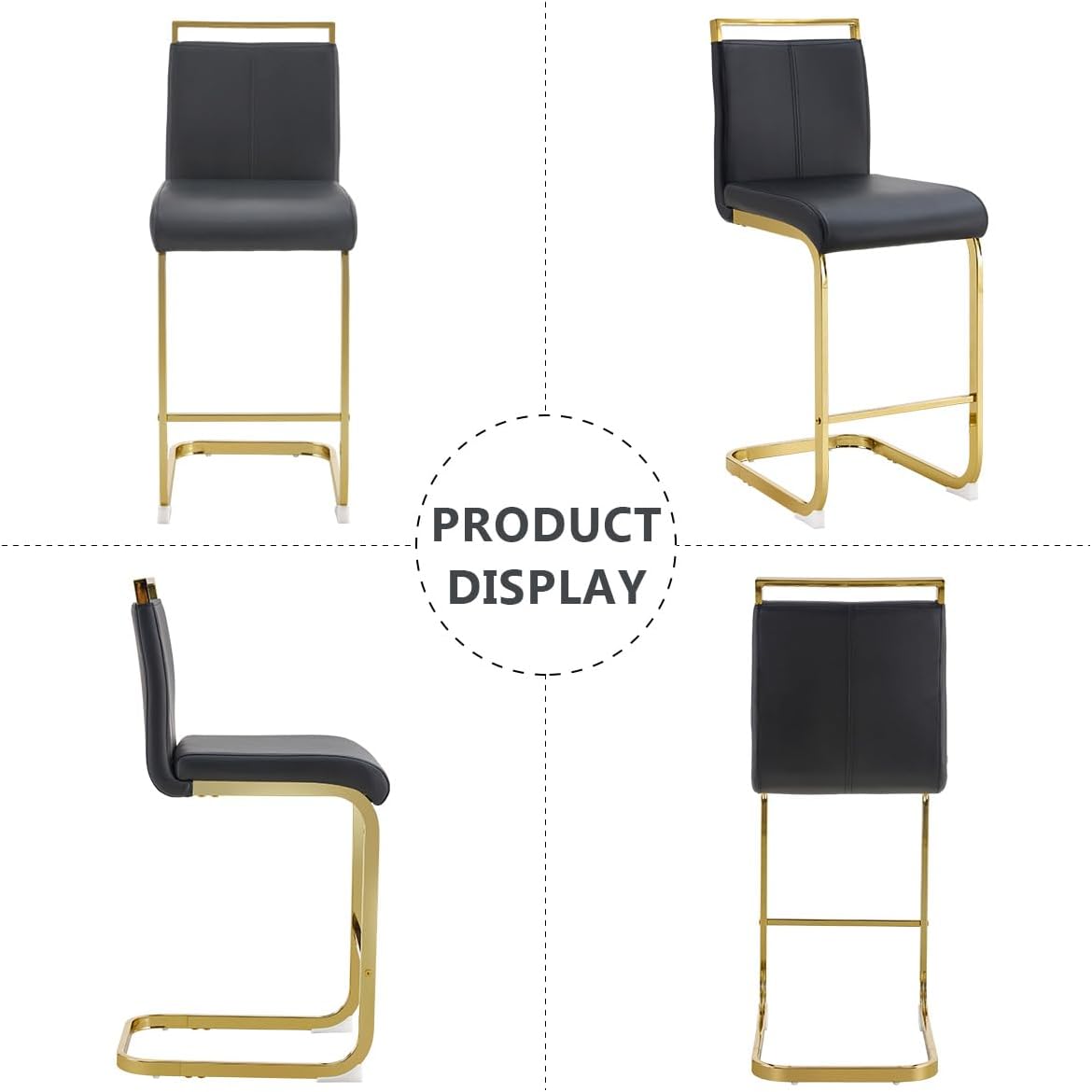 Lecut Modern Counter Height Bar Stools Set of 2, Leather Upholstered Bar Stools with Back and Gold Metal Frame,Bar Stools for Kitchen Island,Pub,Bar,Black