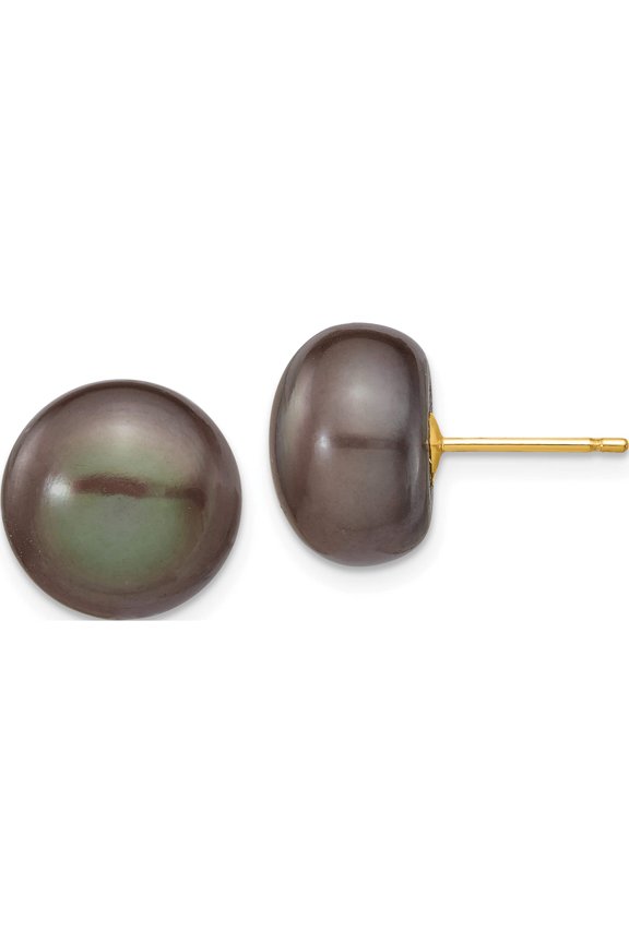 14K Yellow Gold 11-12mm Black Button Fw Cultured Pearl Stud Post Earrings Made In Canada x110bb