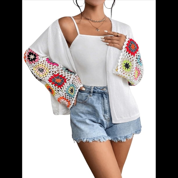 Cárdigan de Crochet Floral para Mujer, Suéter de Punto Bohemio con Mangas Acampanadas y Abertura Frontal L