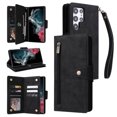 thumbnail image 1 of Feishell for Samsung Galaxy S22 Ultra 5G Wallet Case with Wrist Strap,Premium PU Leather Zipper Pocket Magnetic Buckle Flip ID Credit Card Slots Shockproof Kickstand Phone Case for Women Men,Black, 1 of 15