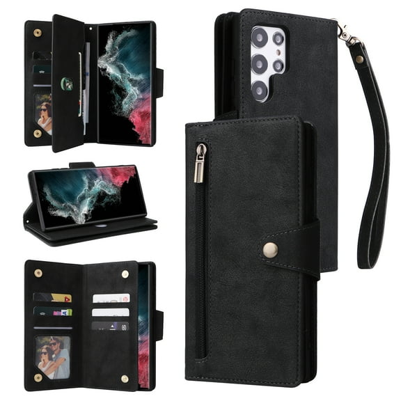 Feishell for Samsung Galaxy S22 Ultra 5G Wallet Case with Wrist Strap,Premium PU Leather Zipper Pocket Magnetic Buckle Flip ID Credit Card Slots Shockproof Kickstand Phone Case for Women Men,Black