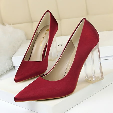 

Women‘s Faux Satin High Heels Pointed Closed Anti-slip Chunky Heeled Pumps Party & Court Shoes