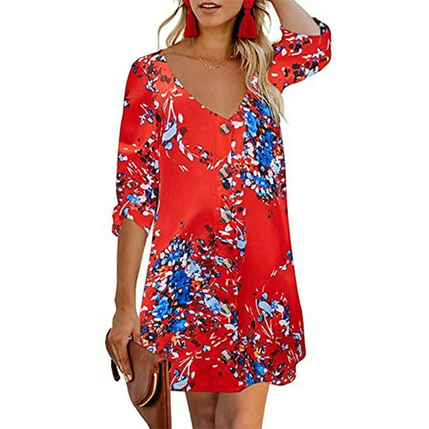 Mawclos Women Button Down Printed T Shirt Dress Half Sleeve V Neck Loose Casual Sundress Black Xl Walmart Com Walmart Com