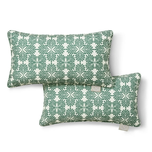 MARTHA STEWART Tulum Indoor Outdoor Decorative Lumbar Pillow 2-Pack Set, UV Fade Resistant, Water Repellent, Printed Modern Design, Green, 11"x18"