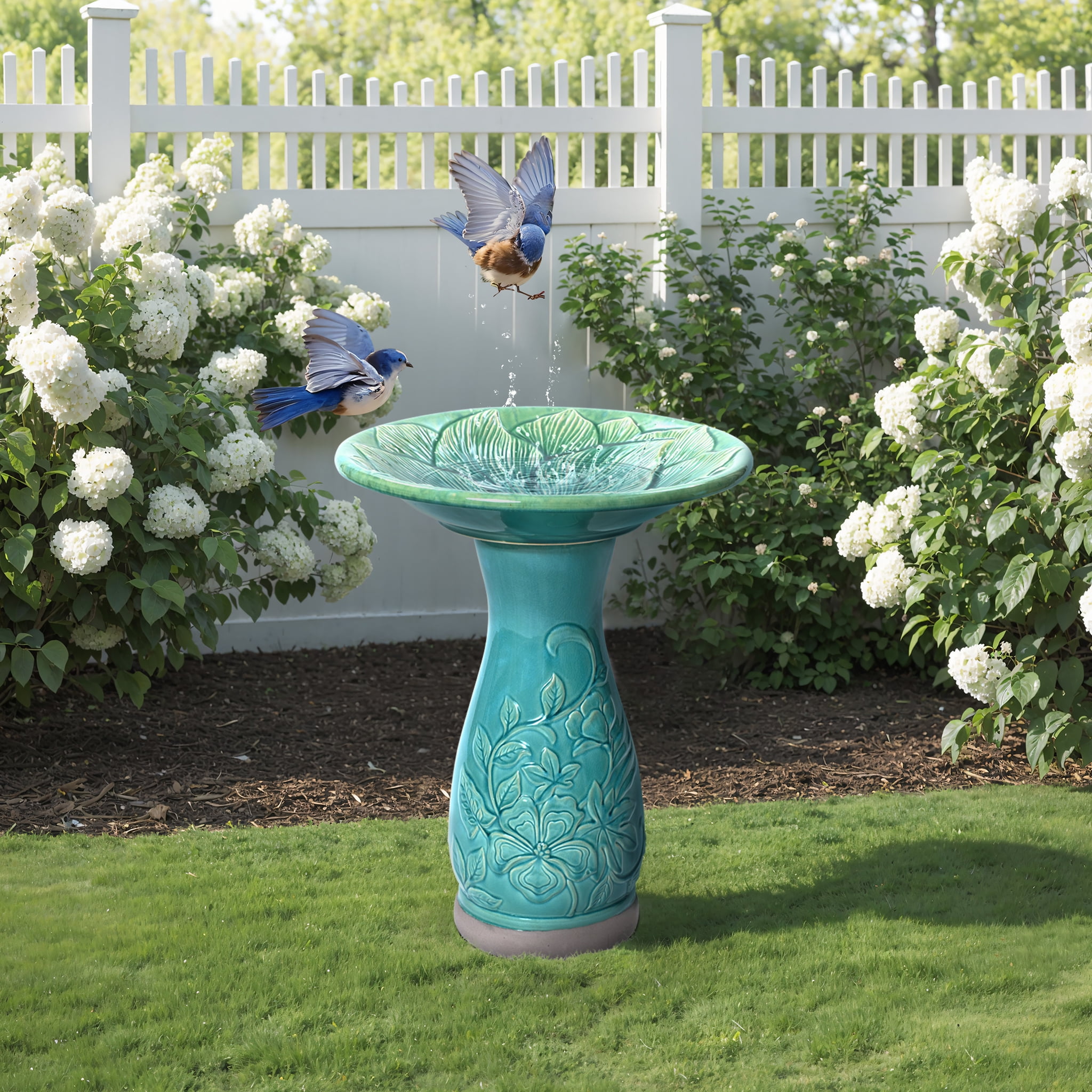 LuxenHome 23 Inch Ceramic Bird Bath for Outside, Elegant Tall Outdoor BirdBath with Floral Embossed Design