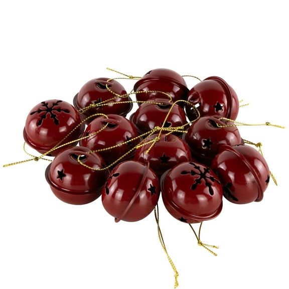 Snowflakes and Stars Christmas Jingle Bell Ornaments - 1.5" - Burgundy - 12ct