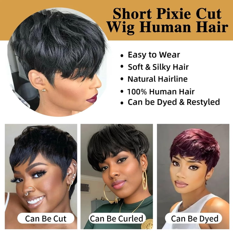 Short Glueless Pixie Cut Human Hair Wig with Bangs Lightweight Breathable Wear Amazon.com : PurpleSexy 10A Side Part Pixie Cut Wigs for  main image 2