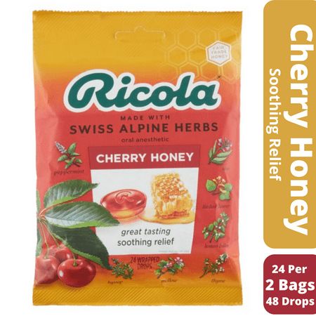 Ricola Swiss Alpine Herbs Cherry Honey Oral Anesthetic, Great Tasting Soothing Reliet 2 Bags, 24 Individually Wrapped Drops Each Bag, (48 Drops)