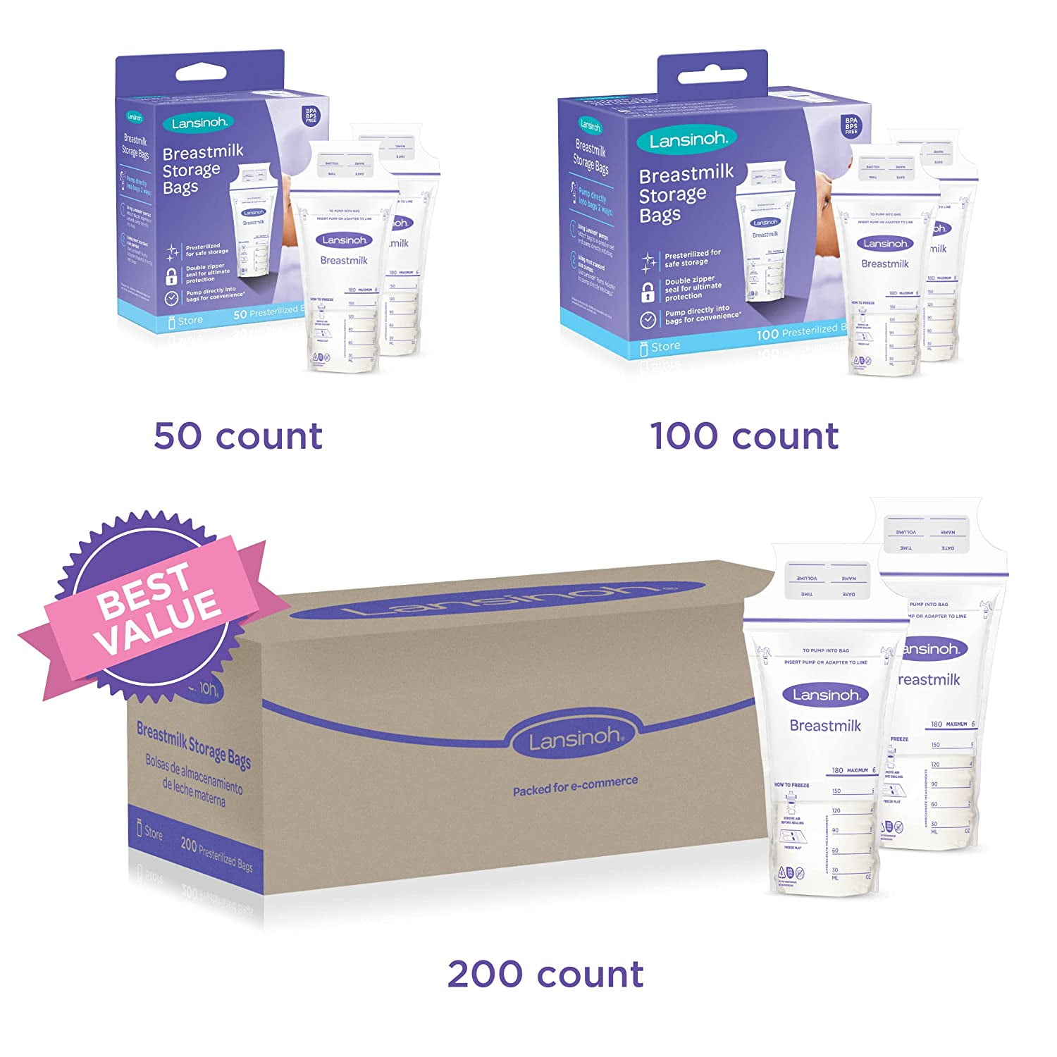 Lansinoh Breast Milk Storage Bags, Polyethylene, Graduated, 6 Ounces, BPA-/BPS-free, Clear, Pre-Sterilized, 50 Count