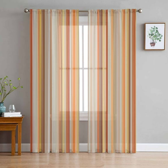 Burnt Orange Striped Semi Sheer Curtains 84 Inch Length 2 Panels Set, Farmhouse Orange Ombre Stripes Sheer Kitchen Curtain Privacy Voile Window Curtain for Living Room Bedroom Rod Pocket Drapes
