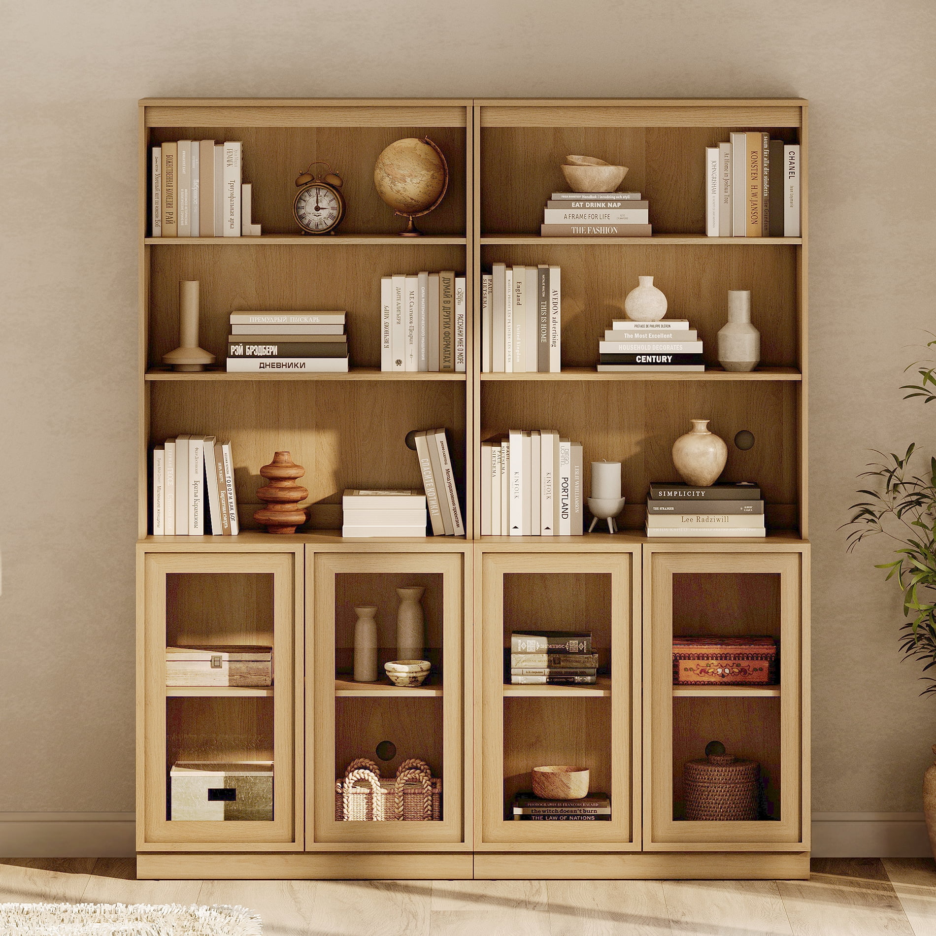 Modern 72" Tall Bookshelf with Glass Doors and Adjustable Shelves, Library Bookcase with Storage Cabinet and Open Shelves,Oak
