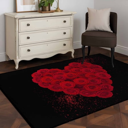 3 x5 Area Rugs Valentine s Day Black Indoor Outdoor Area Rug for Living Room Bedroom Red Roses Love Hearts Romantic Washable Bathroom Rugs Kitchen Floor Carpet Mats Home Decor Aesthetic