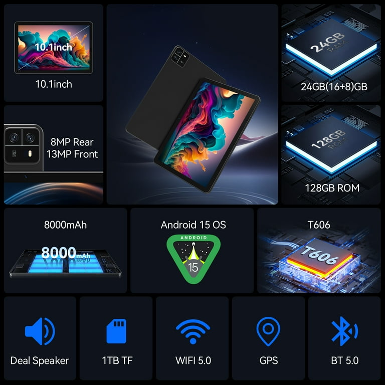 Tablet Android 15 Tablet,24GB RAM 128GB ROM /1TB TF, Octa-Core AI