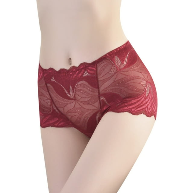 Gibobby Bikini elástico algodón Bragas sexys para mujer Bragas levantamiento cadera huecas cintura media encaje (Rojo, L)