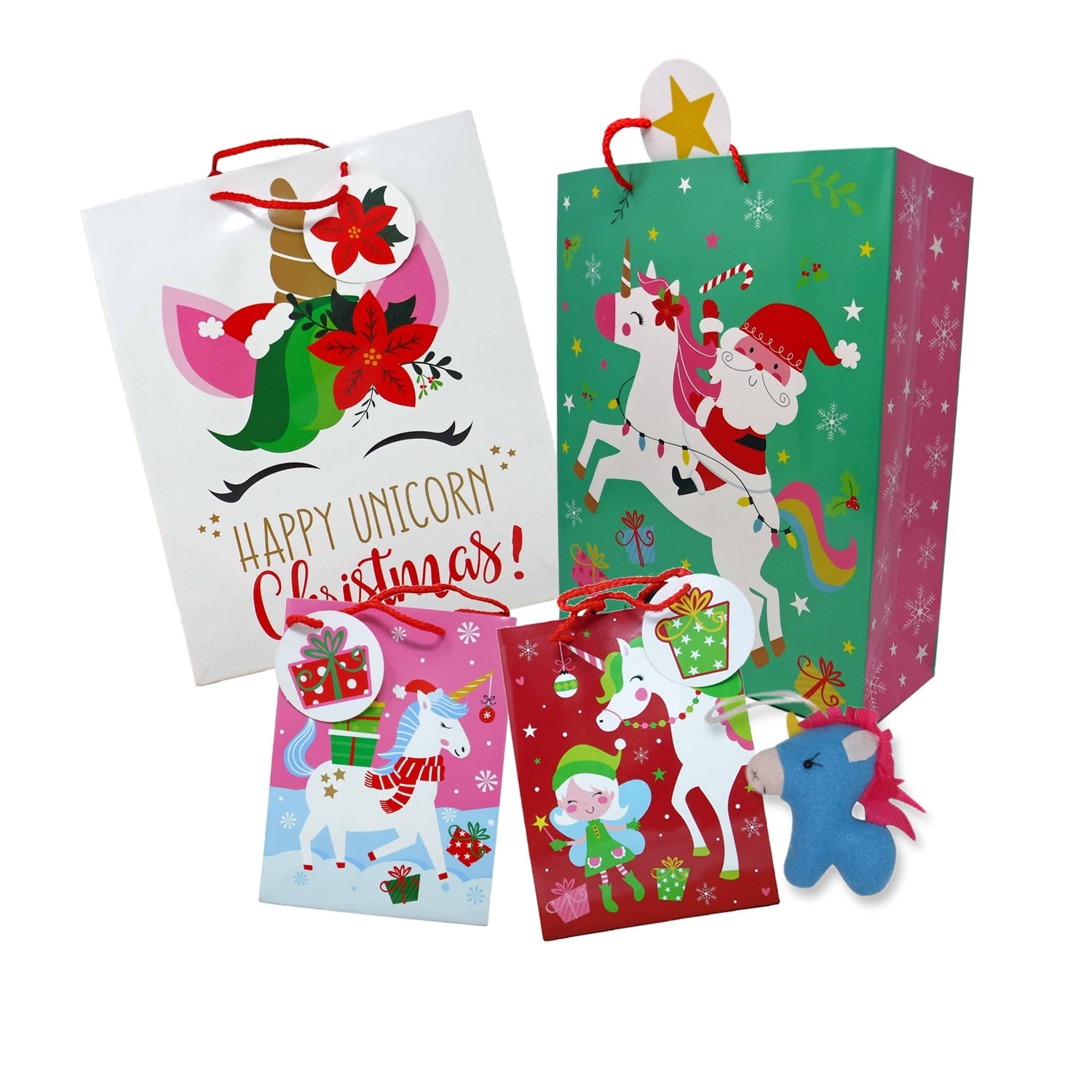 Christmas Unicorn Gift Wrap Bags 4 Pack with Ornament Tie On