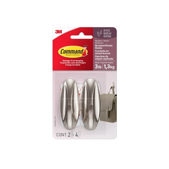 Command Designer Brushed Nickel Medium Hooks, 2 Hooks, 4 Strips