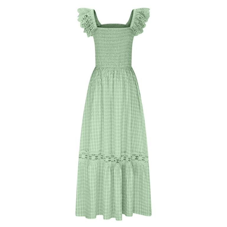 ITSAME Women's Smocked Dress, Ruffles Strap Pleated Lace Square Neck Summer  Boho Beach Maxi Dress Mint Green XL - Walmart.com