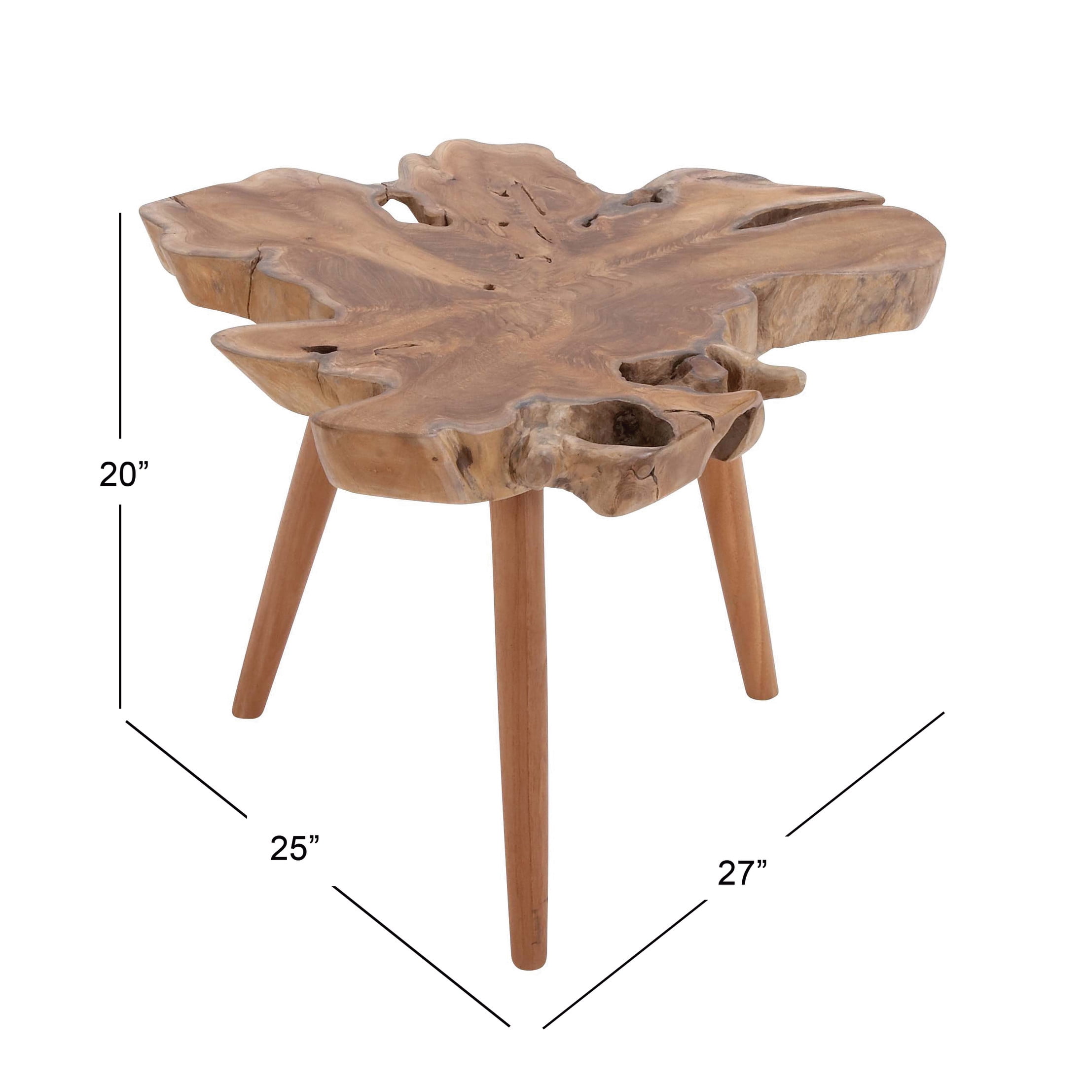 DecMode 27" x 20" Brown Teak Wood Handmade Live Edge Accent Table with Tripod Legs, 1-Piece