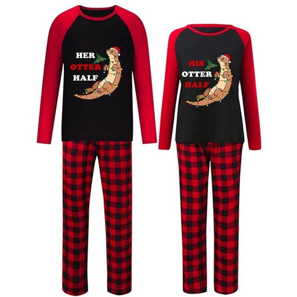 Pijama navideño a juego para pareja Conjunto de pijama negro con medio salón de nutria