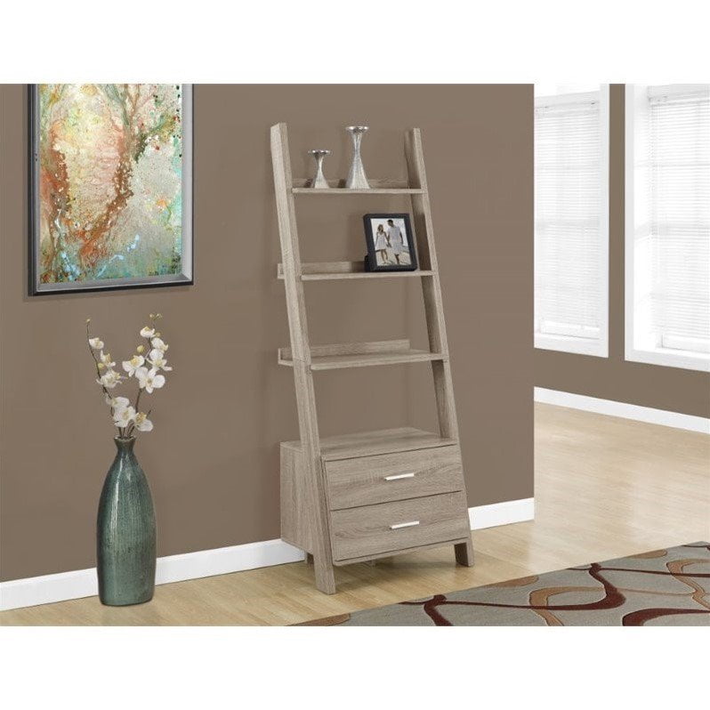 Monarch 4Shelf Ladder Bookcase w/ 2 Storage Drawers, Dark Taupe