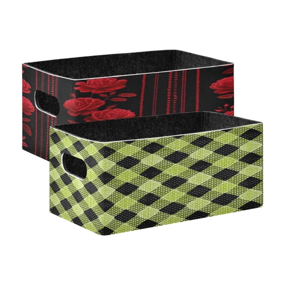 Felt Storage Bins 2-Pack Foldable Space-Saving Organizer For Home Office Rose Motifs in Red Lime Green Plaid