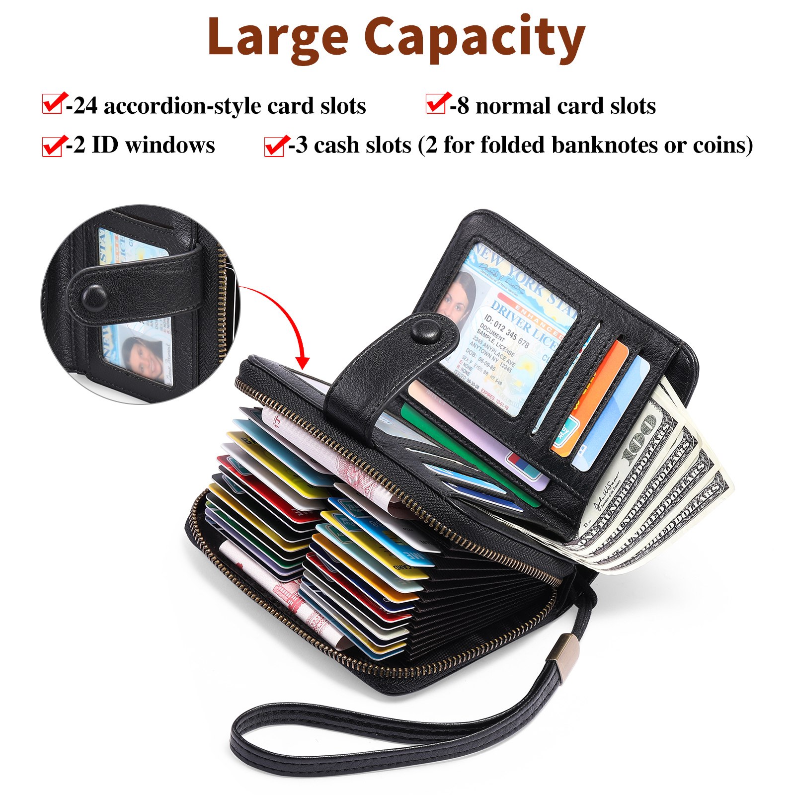 SENDEFN Women's Leather Wristlet Card Wallet, Black photo 7