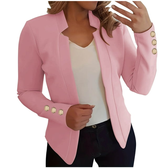BiZtdJrK Womens Business Casual Outfits Button Trims Long Sleeve Lapel Blazers Open Front Solid Color Fall Suits Jackets Pink XXXL Fall Savings