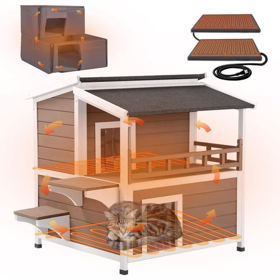 Aivituvin Cat House for Outdoor Cats Large 2-Stroy Insulated Kitty Shelter with Heater for Winter,Waterproof Great for Indoor & Outdoor Use,Brown