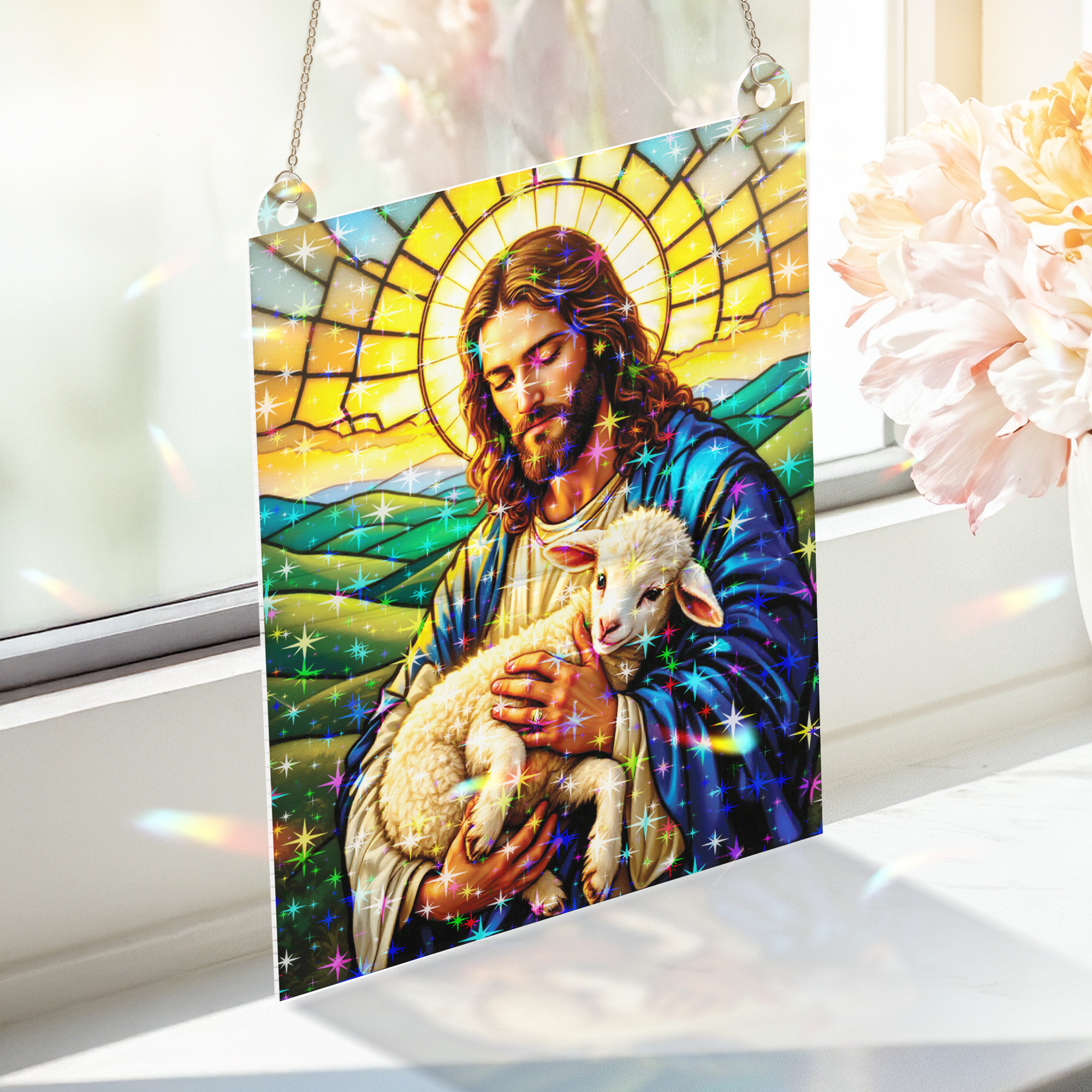 89Bloom Jesus and the Lamb Stained Glass Hologram Ornament, Stained Glass Suncatcher Ornaments Home Decor, Holographic Ornaments