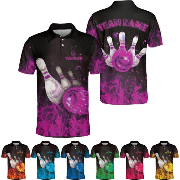 Custom 3D Bowling Polo Shirts for Men and Women Personalized Team Name Gift Unisex Customized Bowling Short Sleeve Polo Shirt (Purple, S)