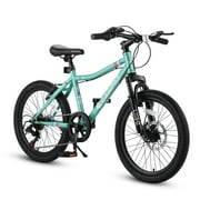 20" Mountain Bike, 7 Speed Shimano Grip Shift, Lightweight All Terrain Bicycle with Front Disc Brake, Suspension, Green