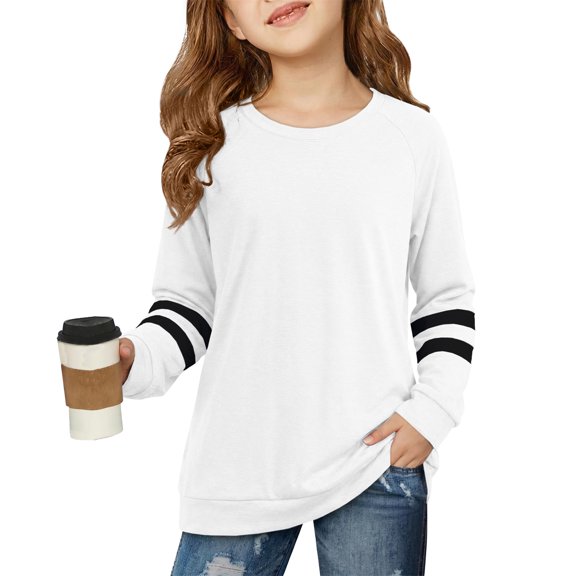 Dweltoz Girls Long Sleeve Shirts Striped Color Block Crewneck Tees Casual Loose Fit Tunic Tops Soft Pullover Sweatshirts Kids Big Girls Fall Back to School Clothes Size 2-13 Years,White