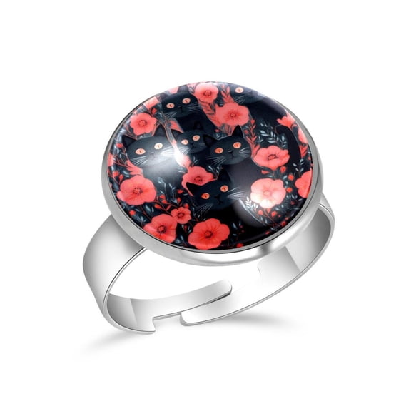 PhooArto Black Cats and Flowers Stainless Steel Rings for Women, Open Adjustable Ring Promise Ring Jewelry Gifts